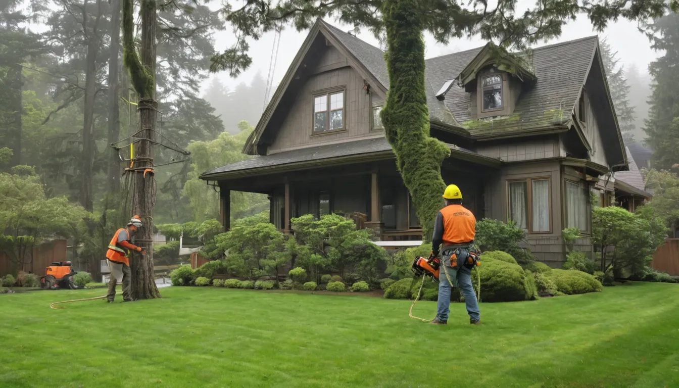 Provider crew safely removing a tall tree beside a wood-frame home in Wilkeson